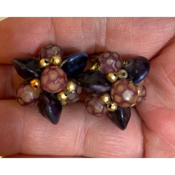 Mid-Century Cluster Earrings; Petite Purple Lampwork Beads and Black Disks - HON - Picture 2 of 6